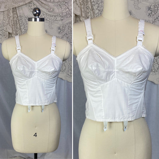 Vintage 1960's Longline Bullet Bra | Crisp White Cotton with Lace Edging & Girdle Hooks | Size 34 B | Do-All -New with Tags - Daggers & Dames