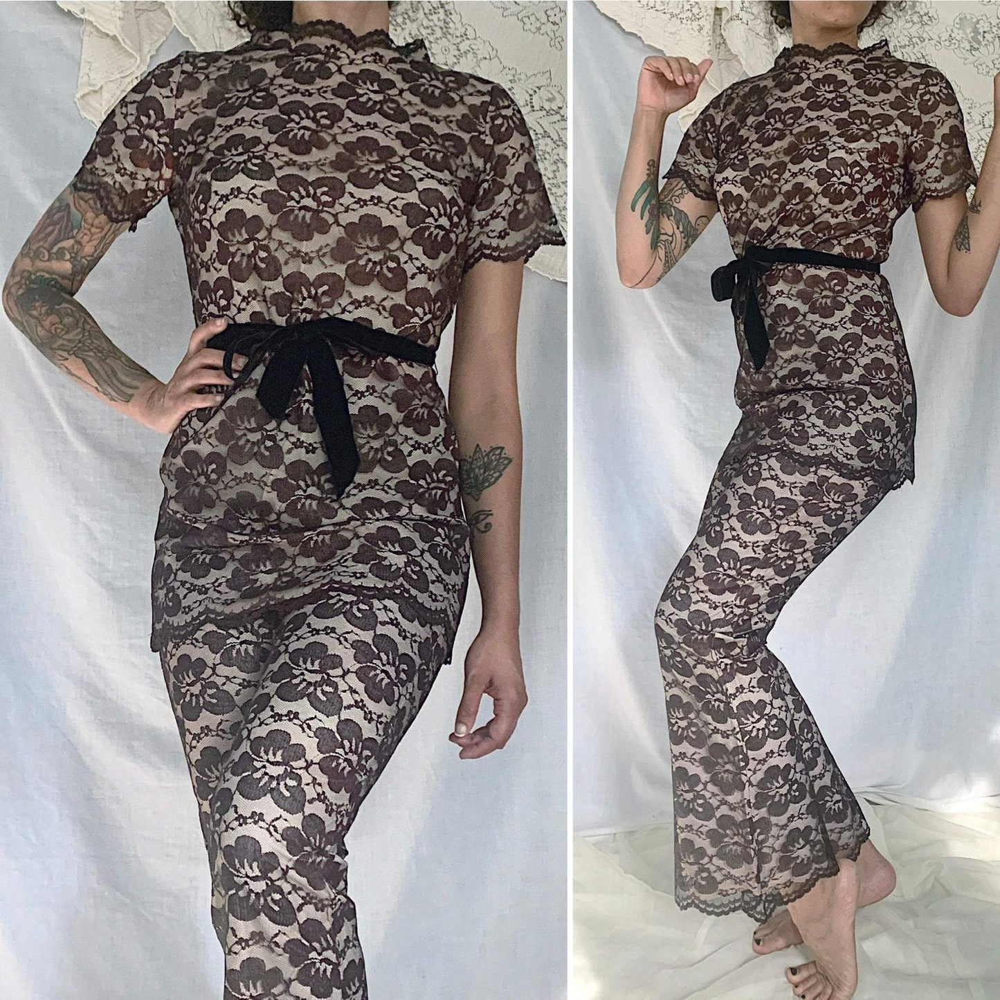 Vintage 1960's Lounge Suit | Deep Mocha Brown Floral Lace over Pale Rose Pink Acetate | Size XS, S | R/B Jrs - Daggers & Dames