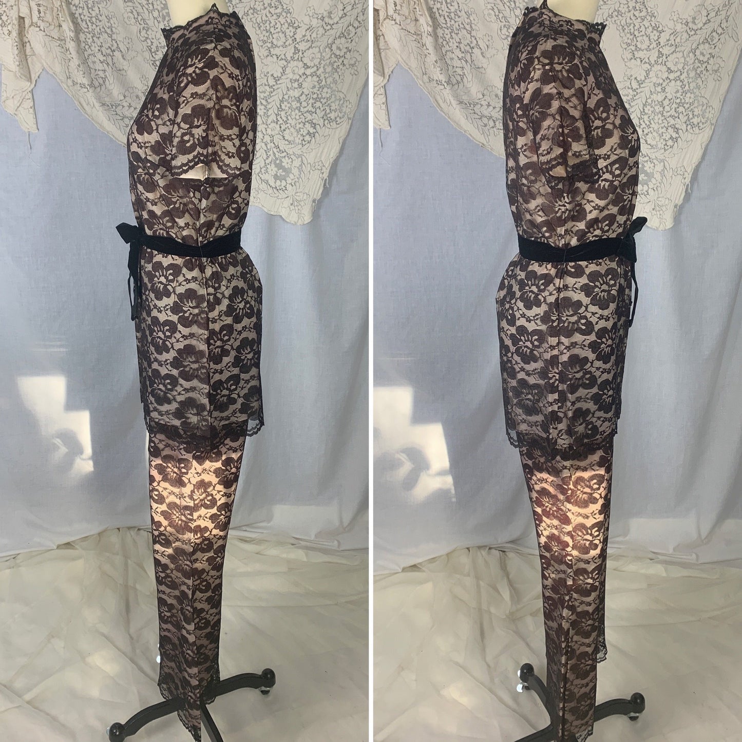 Vintage 1960's Lounge Suit | Deep Mocha Brown Floral Lace over Pale Rose Pink Acetate | Size XS, S | R/B Jrs - Daggers & Dames