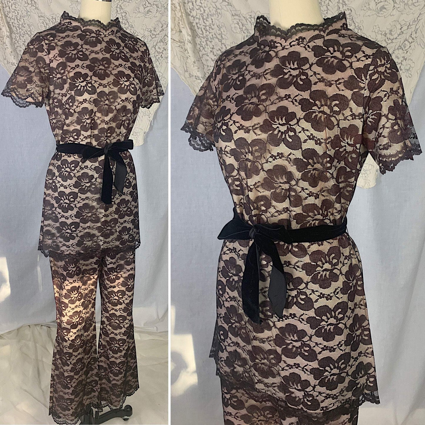 Vintage 1960's Lounge Suit | Deep Mocha Brown Floral Lace over Pale Rose Pink Acetate | Size XS, S | R/B Jrs - Daggers & Dames