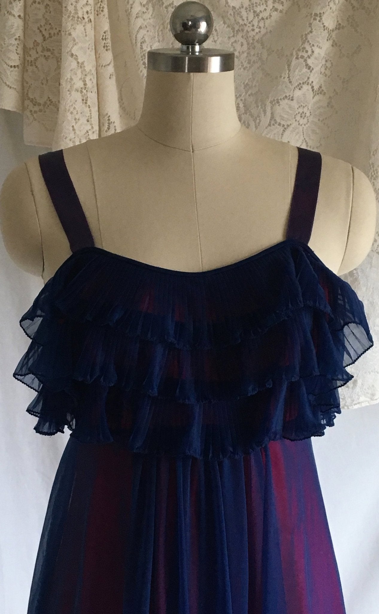 Vintage 1960's Nightgown | Blue Chiffon & Pink Nylon with Satin Straps | Pleated Ruffles | Chevette | Size M - Daggers & Dames