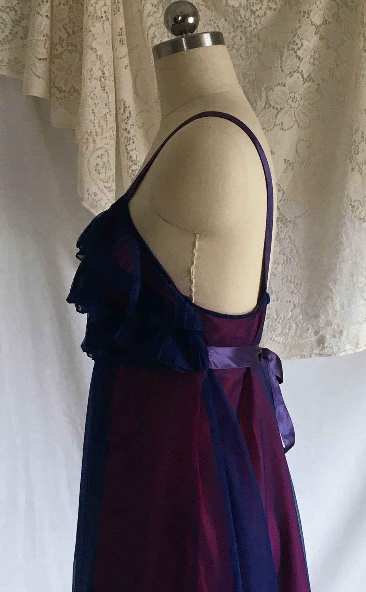 Vintage 1960's Nightgown | Blue Chiffon & Pink Nylon with Satin Straps | Pleated Ruffles | Chevette | Size M - Daggers & Dames