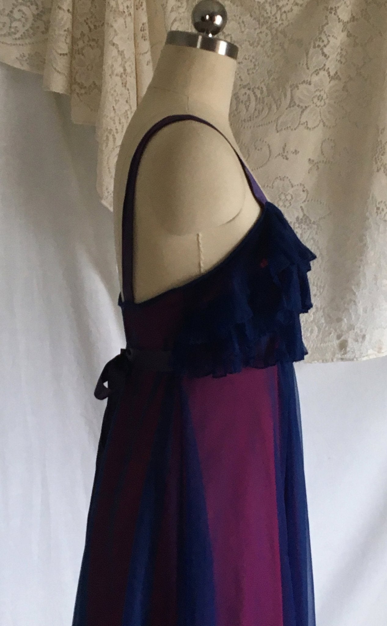 Vintage 1960's Nightgown | Blue Chiffon & Pink Nylon with Satin Straps | Pleated Ruffles | Chevette | Size M - Daggers & Dames