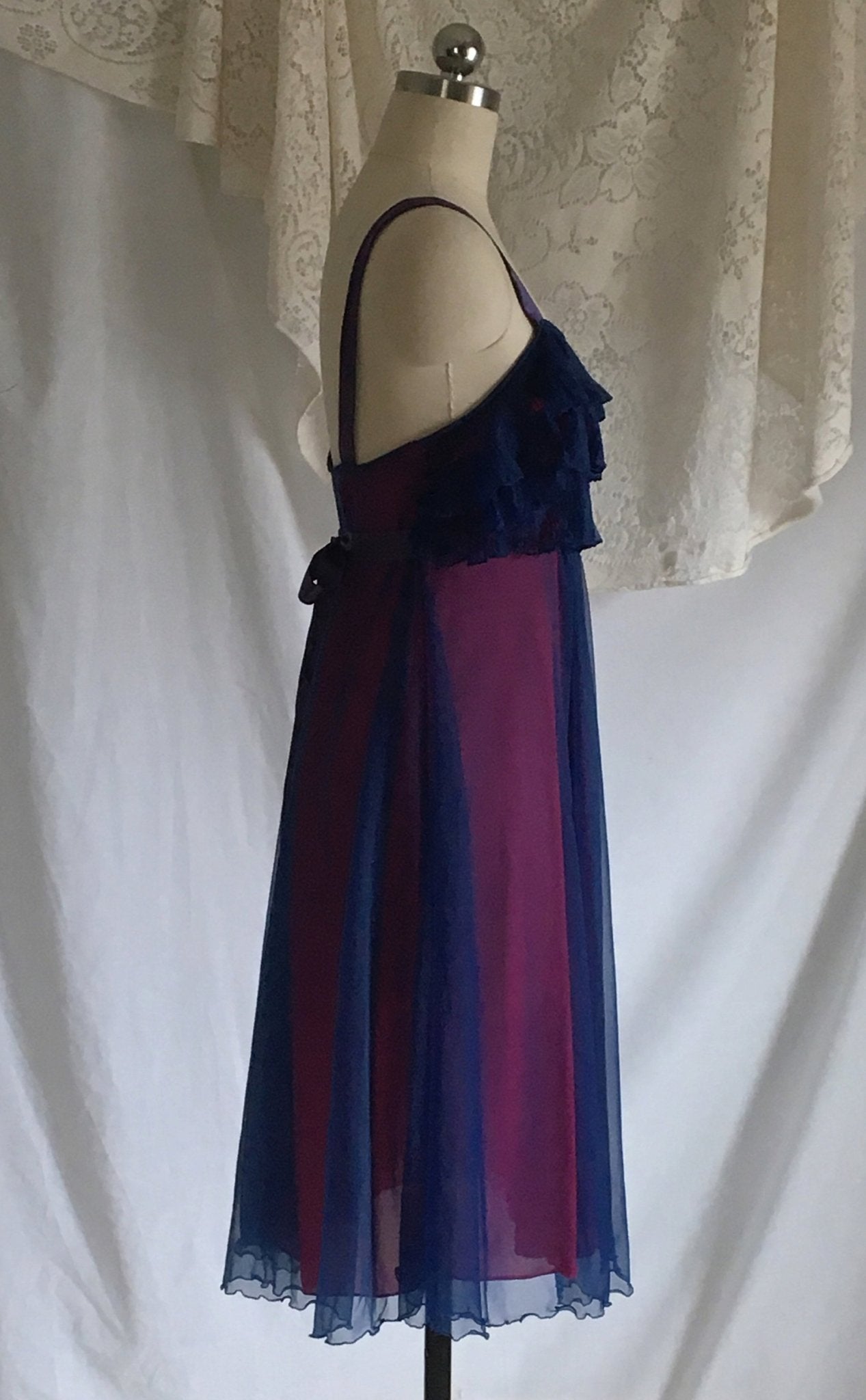 Vintage 1960's Nightgown | Blue Chiffon & Pink Nylon with Satin Straps | Pleated Ruffles | Chevette | Size M - Daggers & Dames