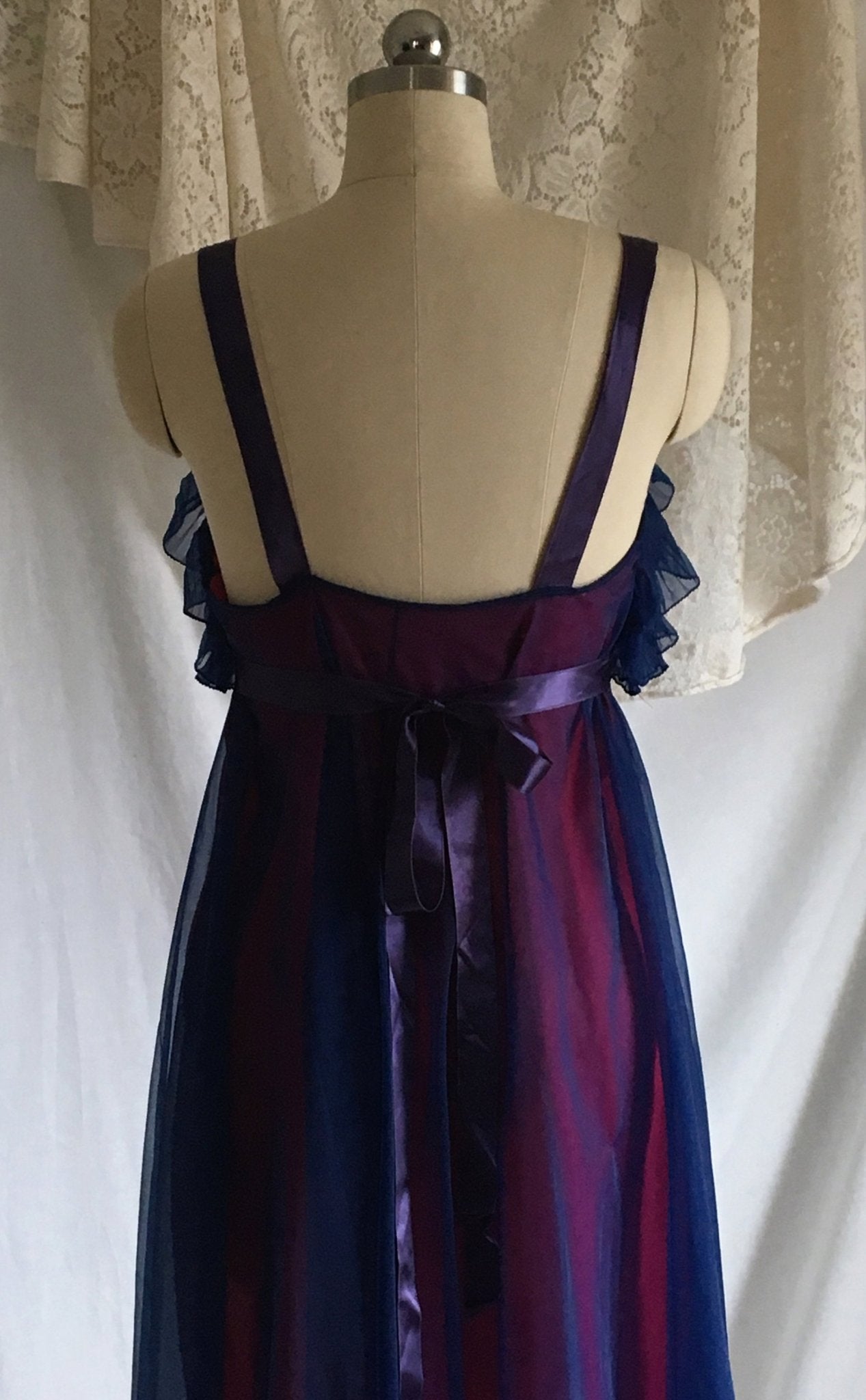Vintage 1960's Nightgown | Blue Chiffon & Pink Nylon with Satin Straps | Pleated Ruffles | Chevette | Size M - Daggers & Dames
