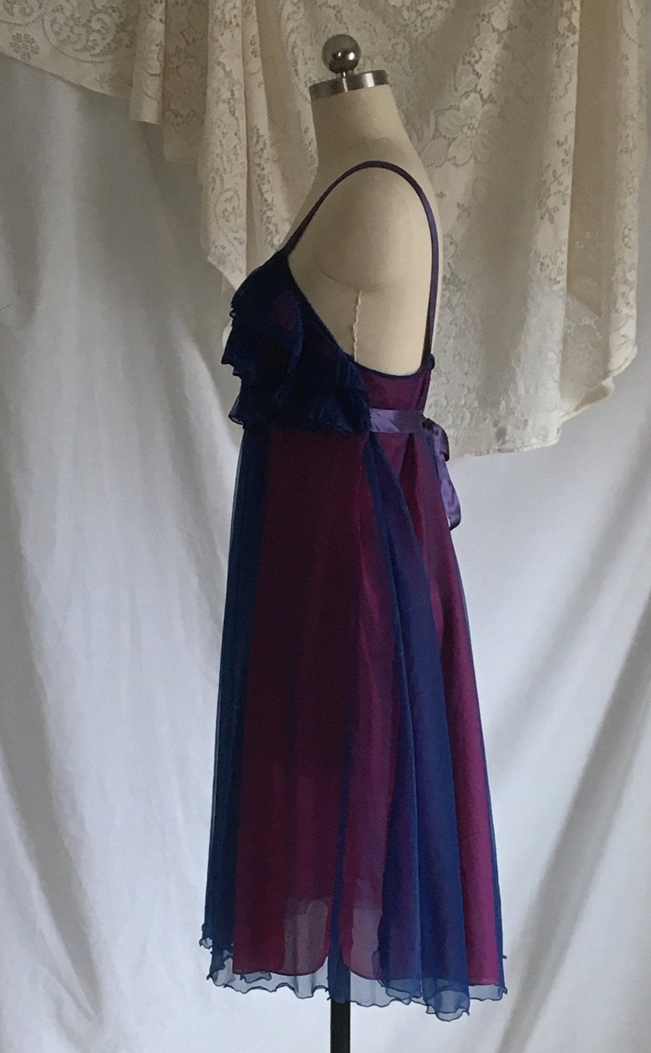 Vintage 1960's Nightgown | Blue Chiffon & Pink Nylon with Satin Straps | Pleated Ruffles | Chevette | Size M - Daggers & Dames