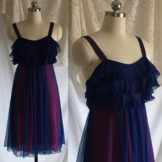 Vintage 1960's Nightgown | Blue Chiffon & Pink Nylon with Satin Straps | Pleated Ruffles | Chevette | Size M - Daggers & Dames