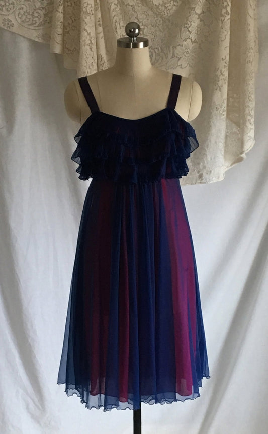 Vintage 1960's Nightgown | Blue Chiffon & Pink Nylon with Satin Straps | Pleated Ruffles | Chevette | Size M - Daggers & Dames