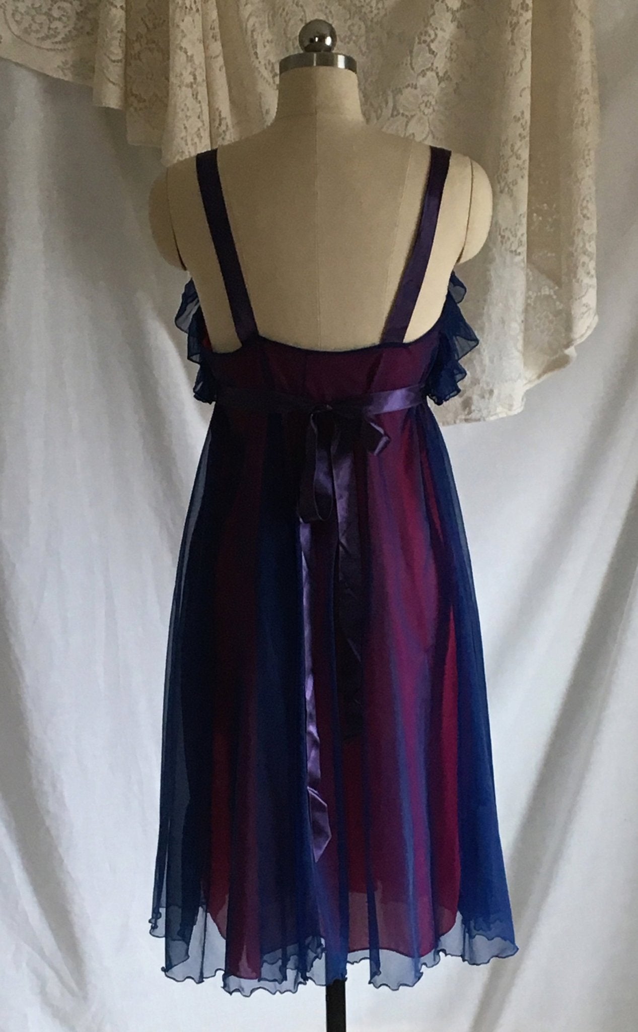 Vintage 1960's Nightgown | Blue Chiffon & Pink Nylon with Satin Straps | Pleated Ruffles | Chevette | Size M - Daggers & Dames