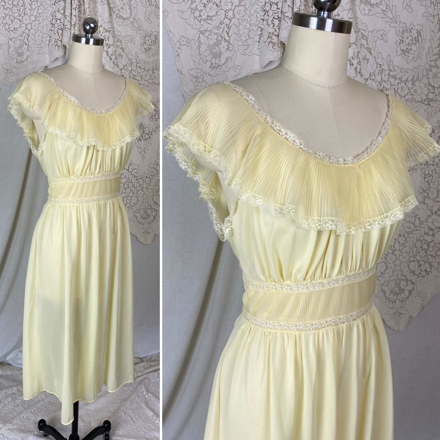 Vintage 1960's Nightgown | Pale Yellow Nylon with Crystal Pleated Chiffon Ruffles | Size M, LG | Pandora - Daggers & Dames