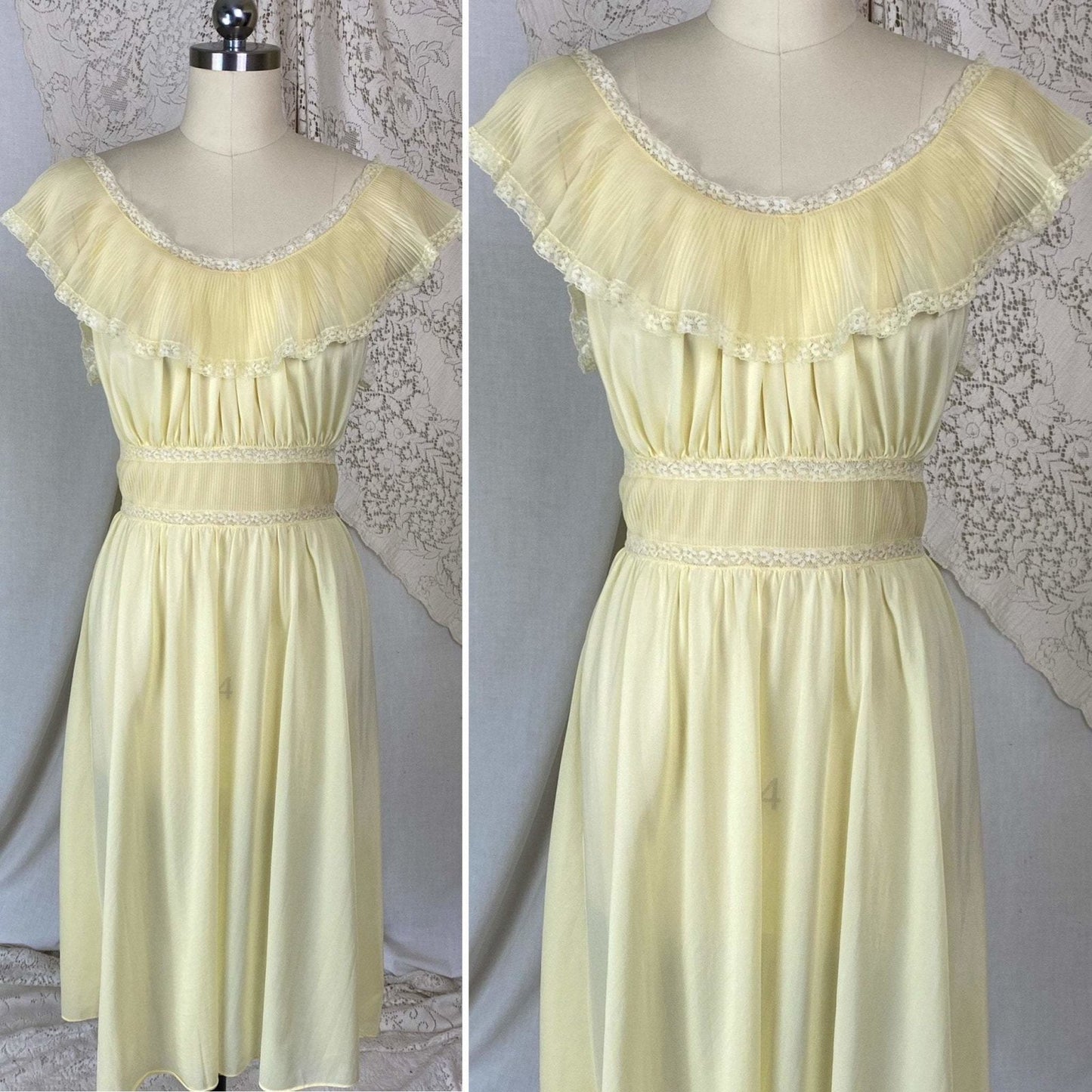 Vintage 1960's Nightgown | Pale Yellow Nylon with Crystal Pleated Chiffon Ruffles | Size M, LG | Pandora - Daggers & Dames
