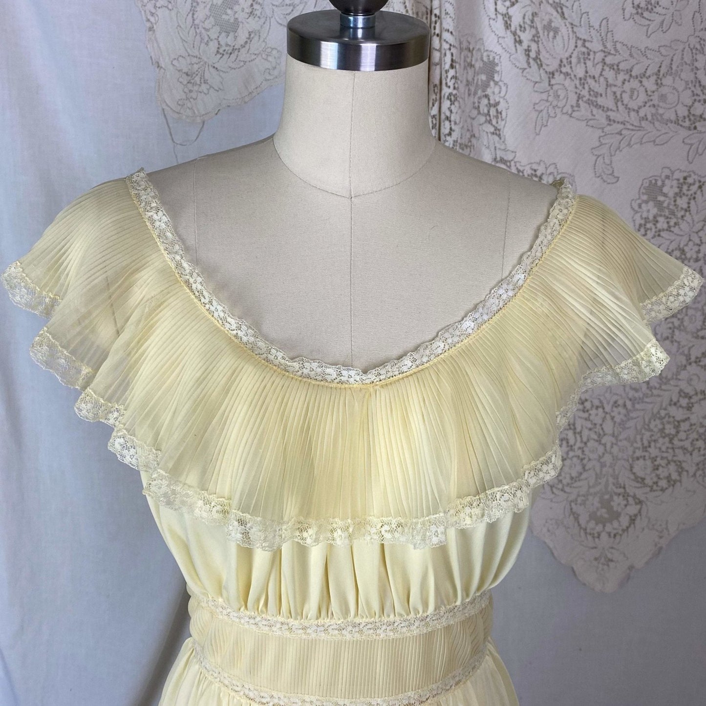 Vintage 1960's Nightgown | Pale Yellow Nylon with Crystal Pleated Chiffon Ruffles | Size M, LG | Pandora - Daggers & Dames