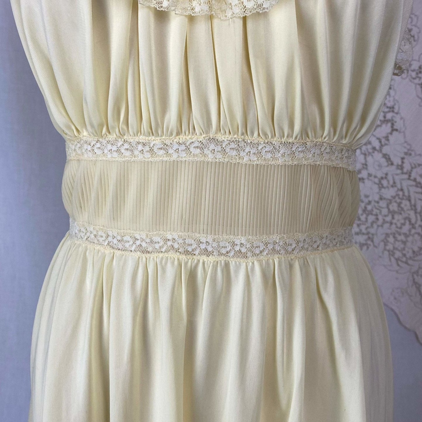 Vintage 1960's Nightgown | Pale Yellow Nylon with Crystal Pleated Chiffon Ruffles | Size M, LG | Pandora - Daggers & Dames