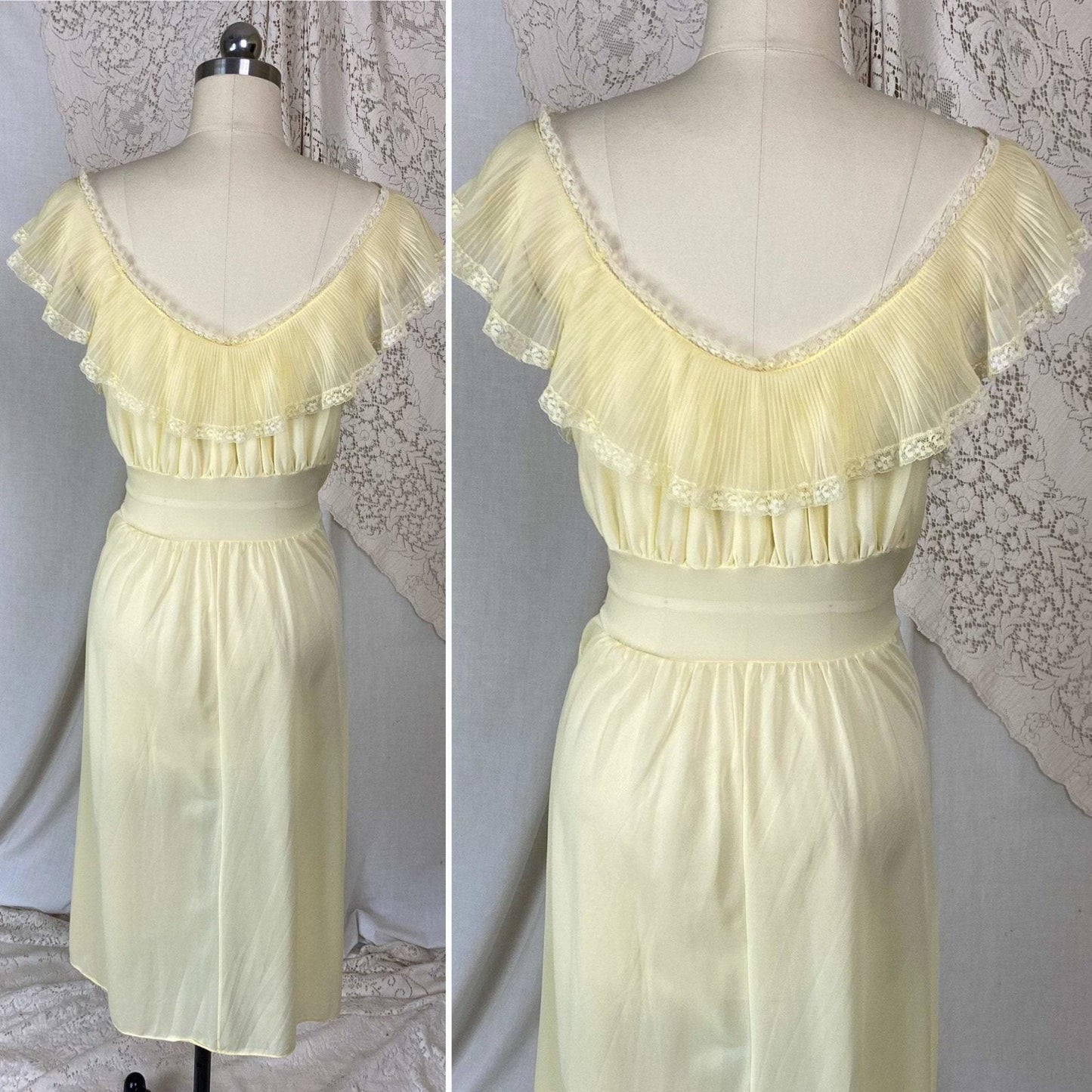 Vintage 1960's Nightgown | Pale Yellow Nylon with Crystal Pleated Chiffon Ruffles | Size M, LG | Pandora - Daggers & Dames