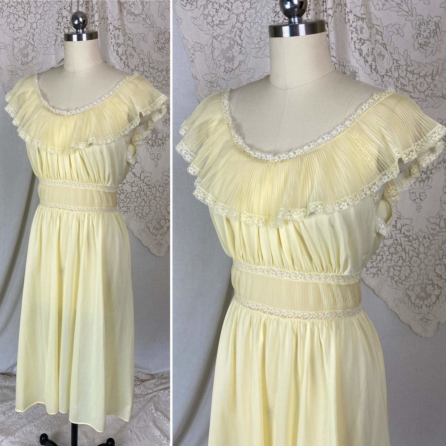 Vintage 1960's Nightgown | Pale Yellow Nylon with Crystal Pleated Chiffon Ruffles | Size M, LG | Pandora - Daggers & Dames