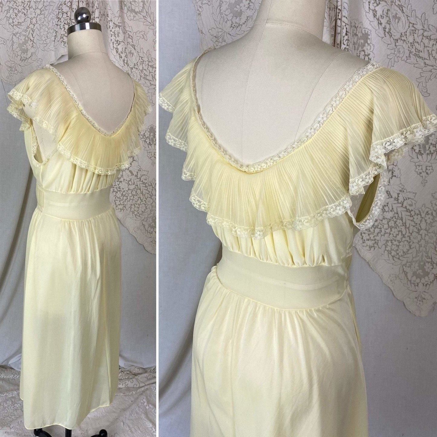 Vintage 1960's Nightgown | Pale Yellow Nylon with Crystal Pleated Chiffon Ruffles | Size M, LG | Pandora - Daggers & Dames