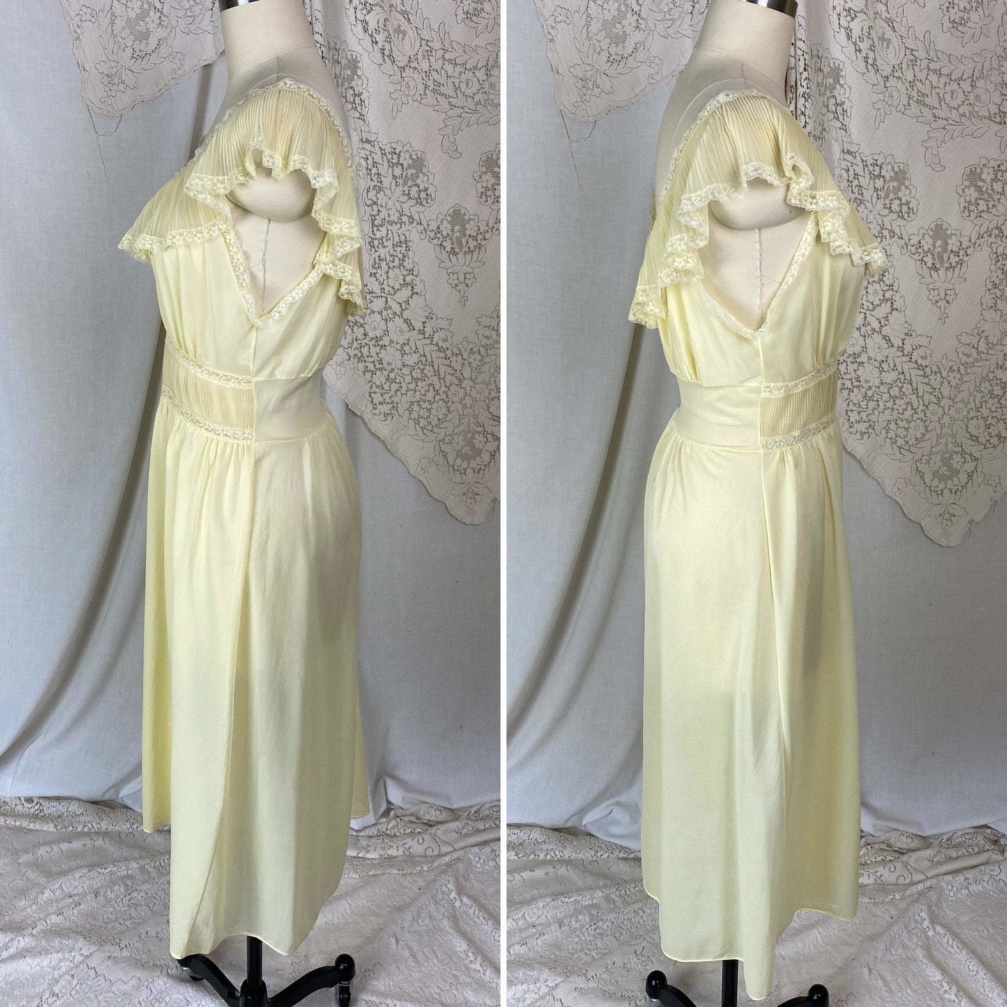 Vintage 1960's Nightgown | Pale Yellow Nylon with Crystal Pleated Chiffon Ruffles | Size M, LG | Pandora - Daggers & Dames