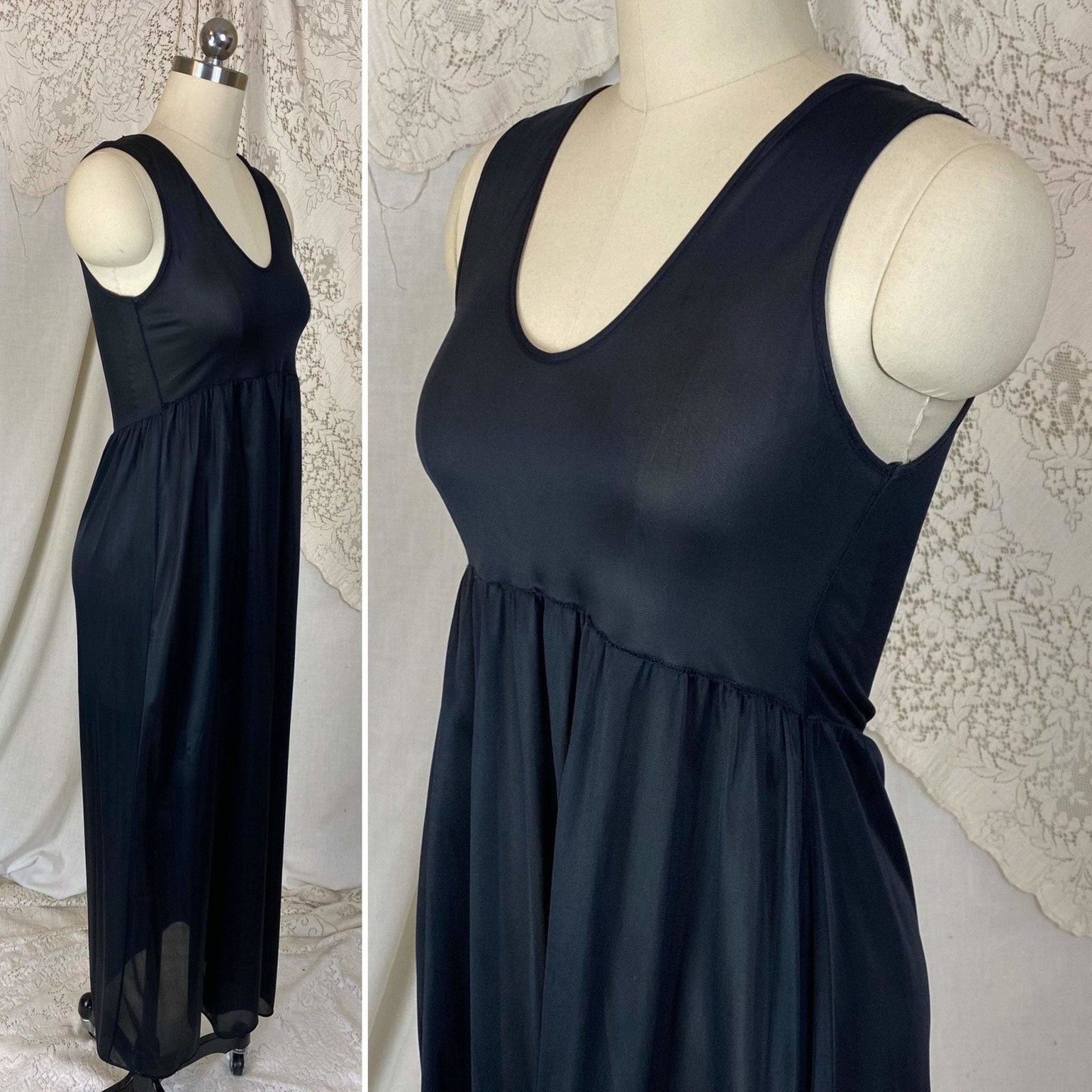 Vintage 1960's Nightgown & Peignoir Set | Black Nylon with Ruffles | Size XS, S - Daggers & Dames