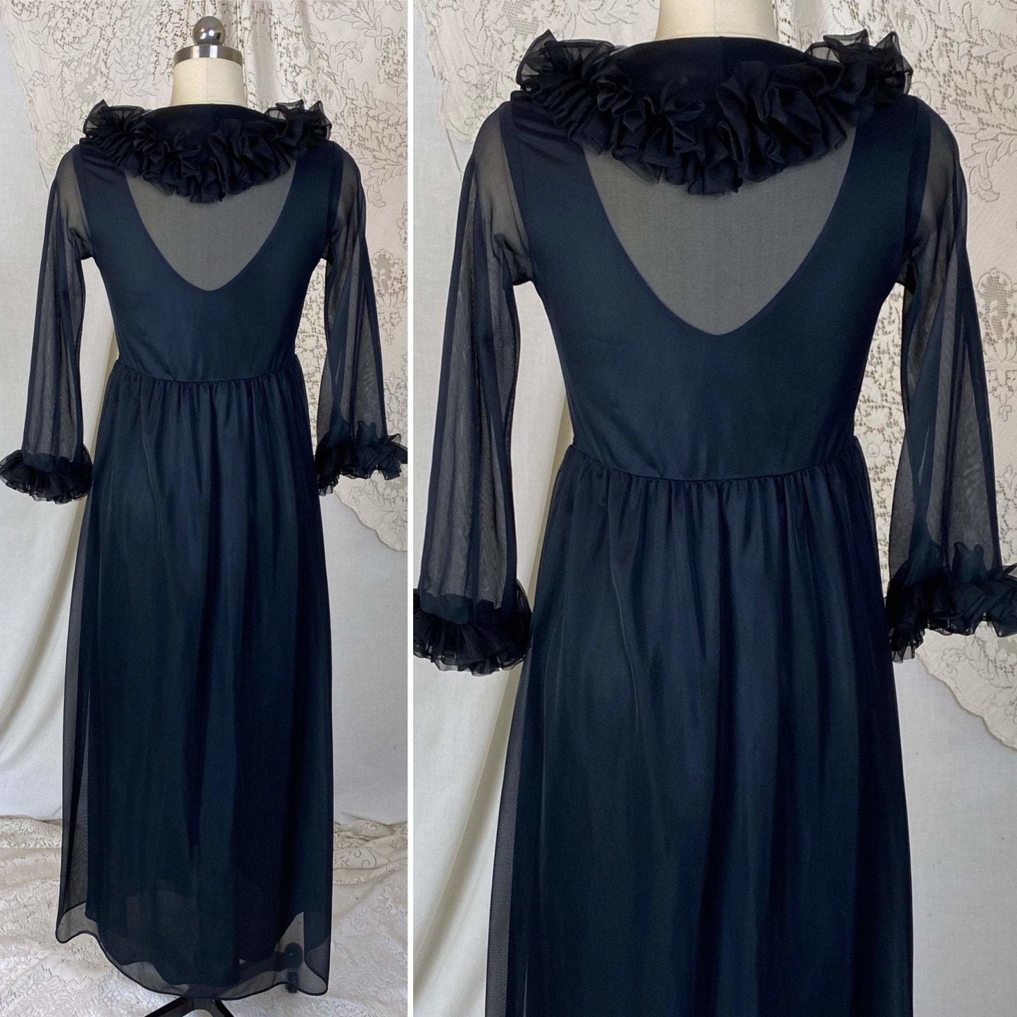 Vintage 1960's Nightgown & Peignoir Set | Black Nylon with Ruffles | Size XS, S - Daggers & Dames