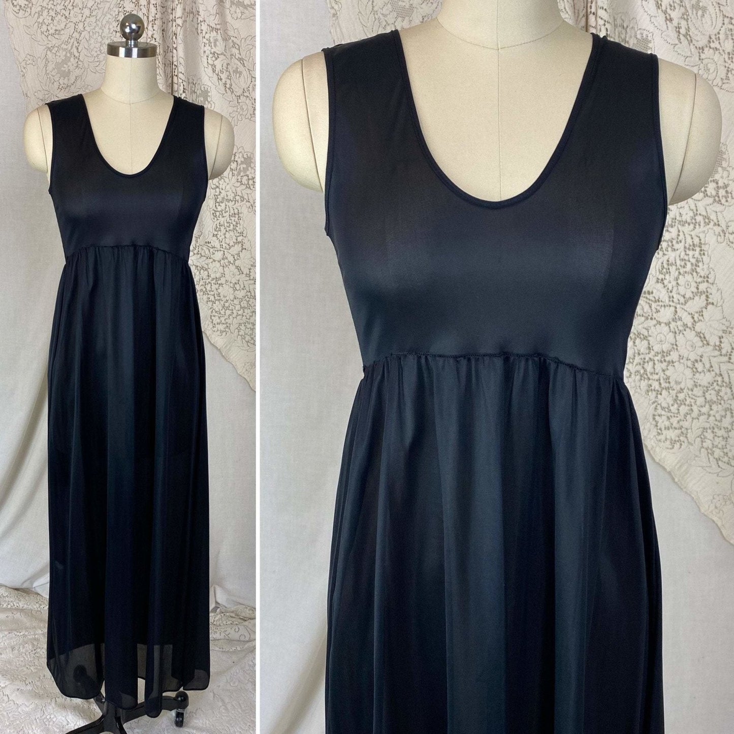 Vintage 1960's Nightgown & Peignoir Set | Black Nylon with Ruffles | Size XS, S - Daggers & Dames