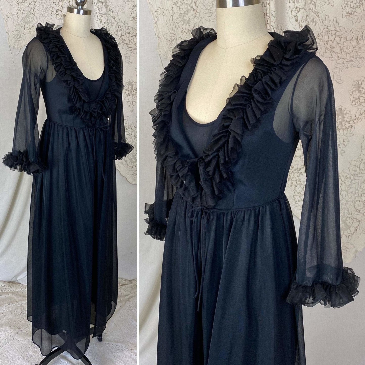 Vintage 1960's Nightgown & Peignoir Set | Black Nylon with Ruffles | Size XS, S - Daggers & Dames
