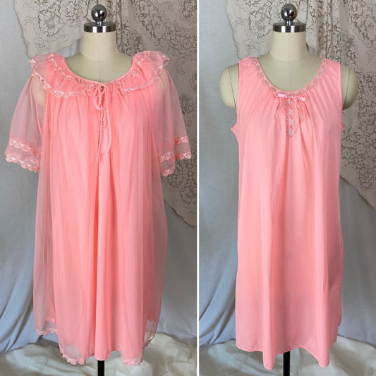 Vintage 1960's Nightgown & Peignoir Set | Bright Flamingo Pink with Lace | Size M, LG - Daggers & Dames