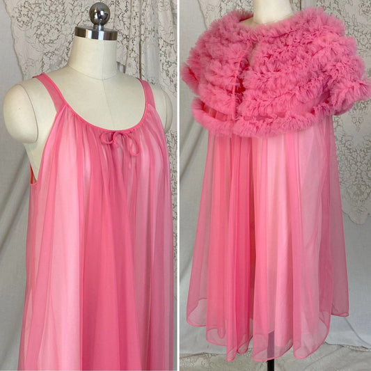 Vintage 1960's Nightgown & Peignoir Set | Bright Pink Nylon Chiffon with Ruffled Tulle Capelet | Size S, M, LG | Lisette by Al Sterling - Daggers & Dames