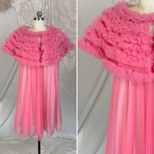 Vintage 1960's Nightgown & Peignoir Set | Bright Pink Nylon Chiffon with Ruffled Tulle Capelet | Size S, M, LG | Lisette by Al Sterling - Daggers & Dames