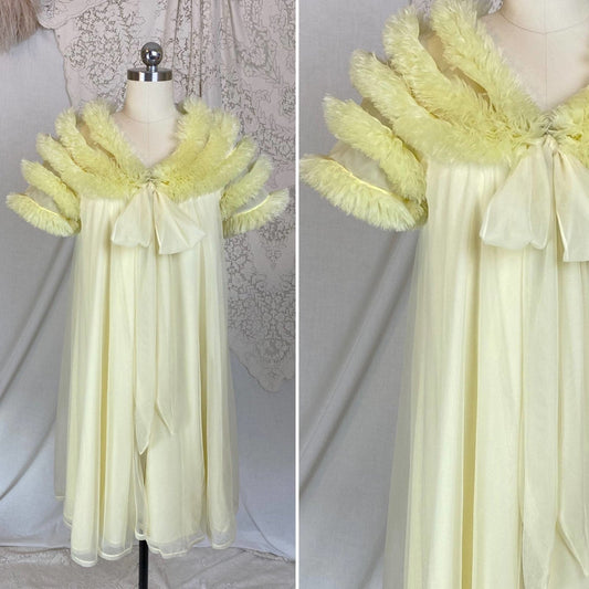 Vintage 1960's Nightgown & Peignoir Set | Pale Pastel Yellow Nylon Chiffon with Ruffles | Size XS, S | Virginia Wallace - Daggers & Dames