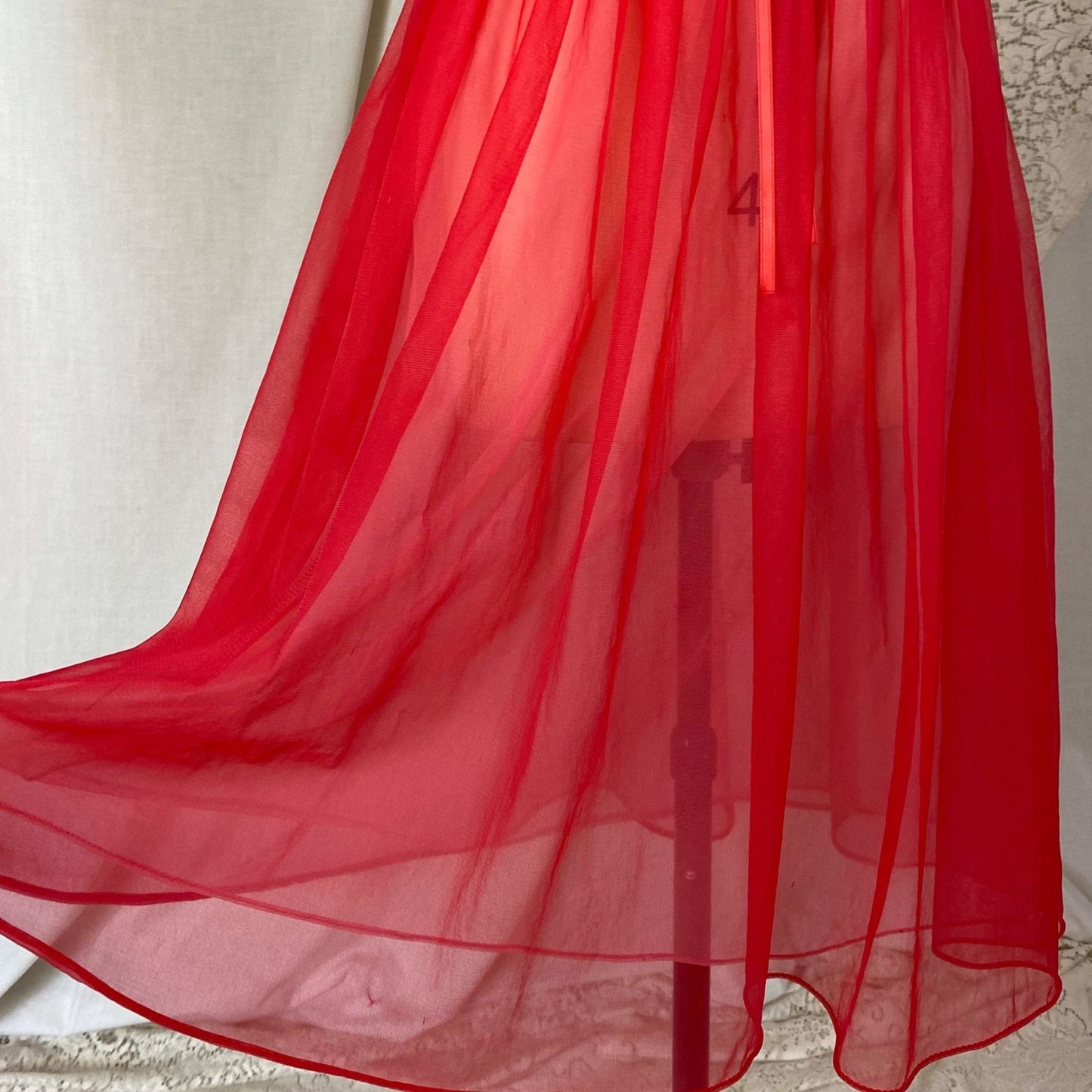 Vintage 1960's Nightgown & Peignoir Set | Rose Red Nylon Chiffon with Lace | Size S, M | Gilead - Daggers & Dames