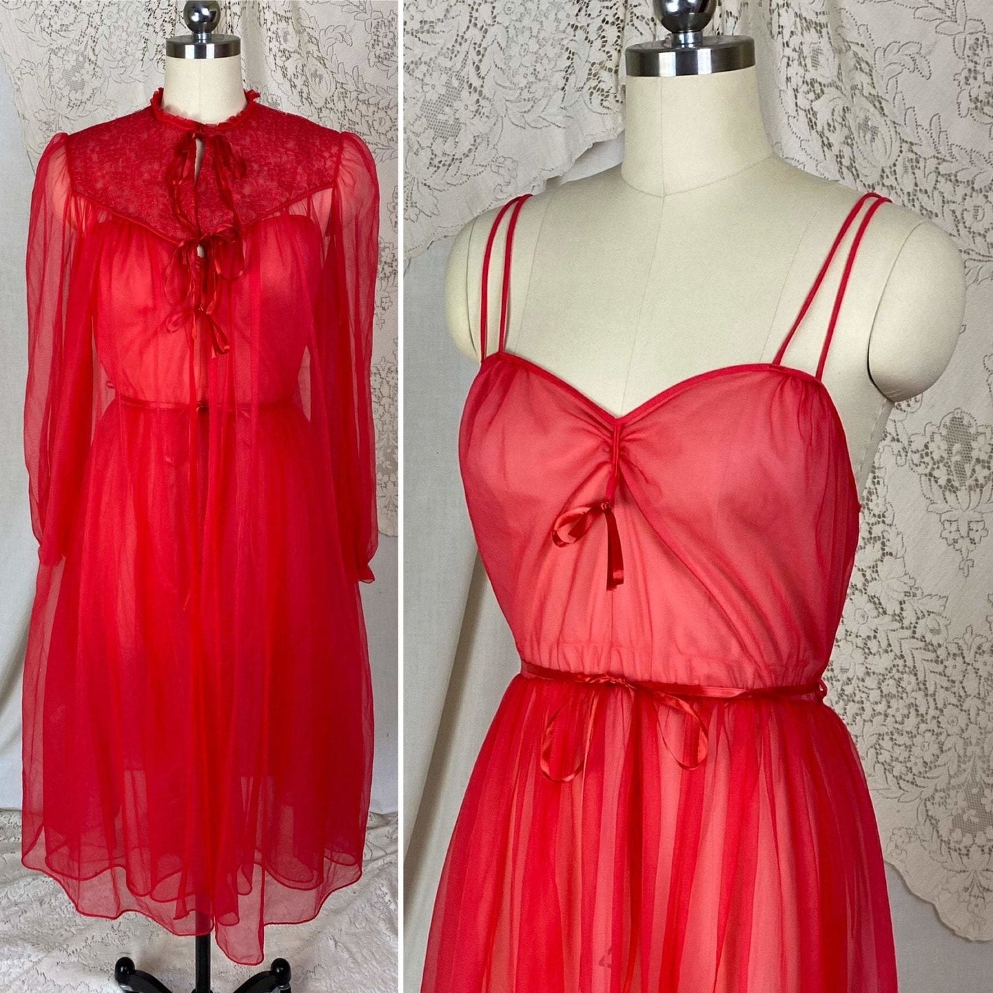 Vintage 1960's Nightgown & Peignoir Set | Rose Red Nylon Chiffon with Lace | Size S, M | Gilead - Daggers & Dames