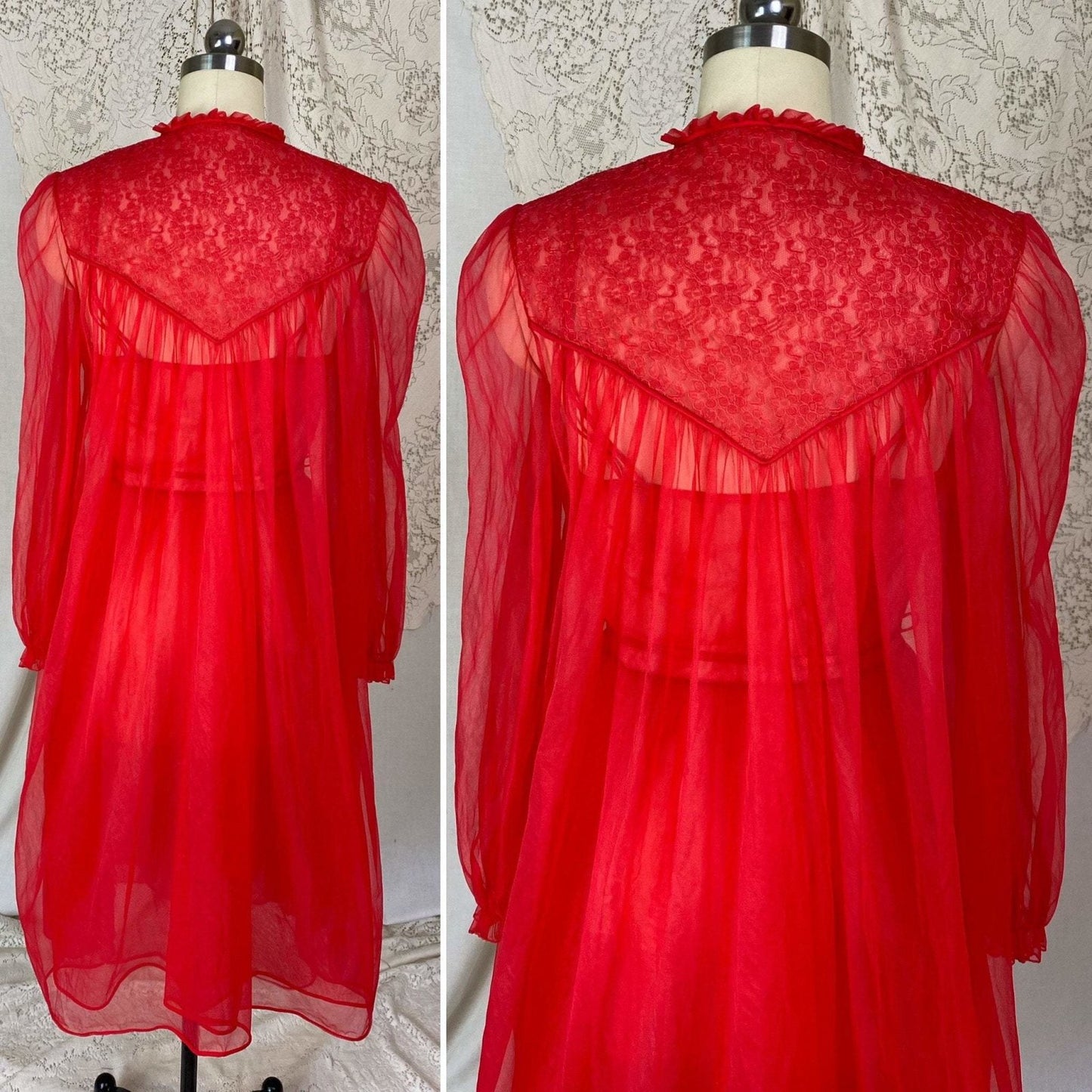 Vintage 1960's Nightgown & Peignoir Set | Rose Red Nylon Chiffon with Lace | Size S, M | Gilead - Daggers & Dames