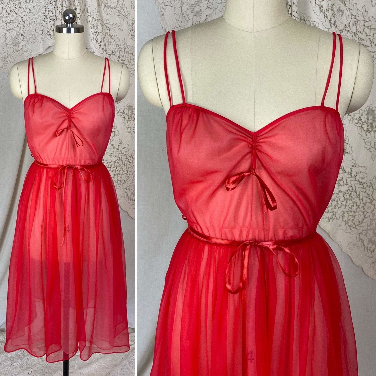 Vintage 1960's Nightgown & Peignoir Set | Rose Red Nylon Chiffon with Lace | Size S, M | Gilead - Daggers & Dames