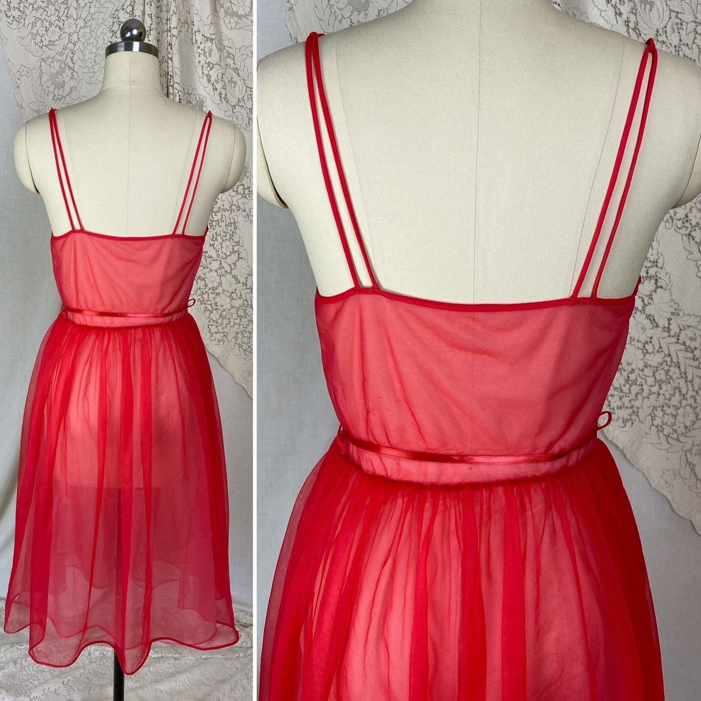 Vintage 1960's Nightgown & Peignoir Set | Rose Red Nylon Chiffon with Lace | Size S, M | Gilead - Daggers & Dames