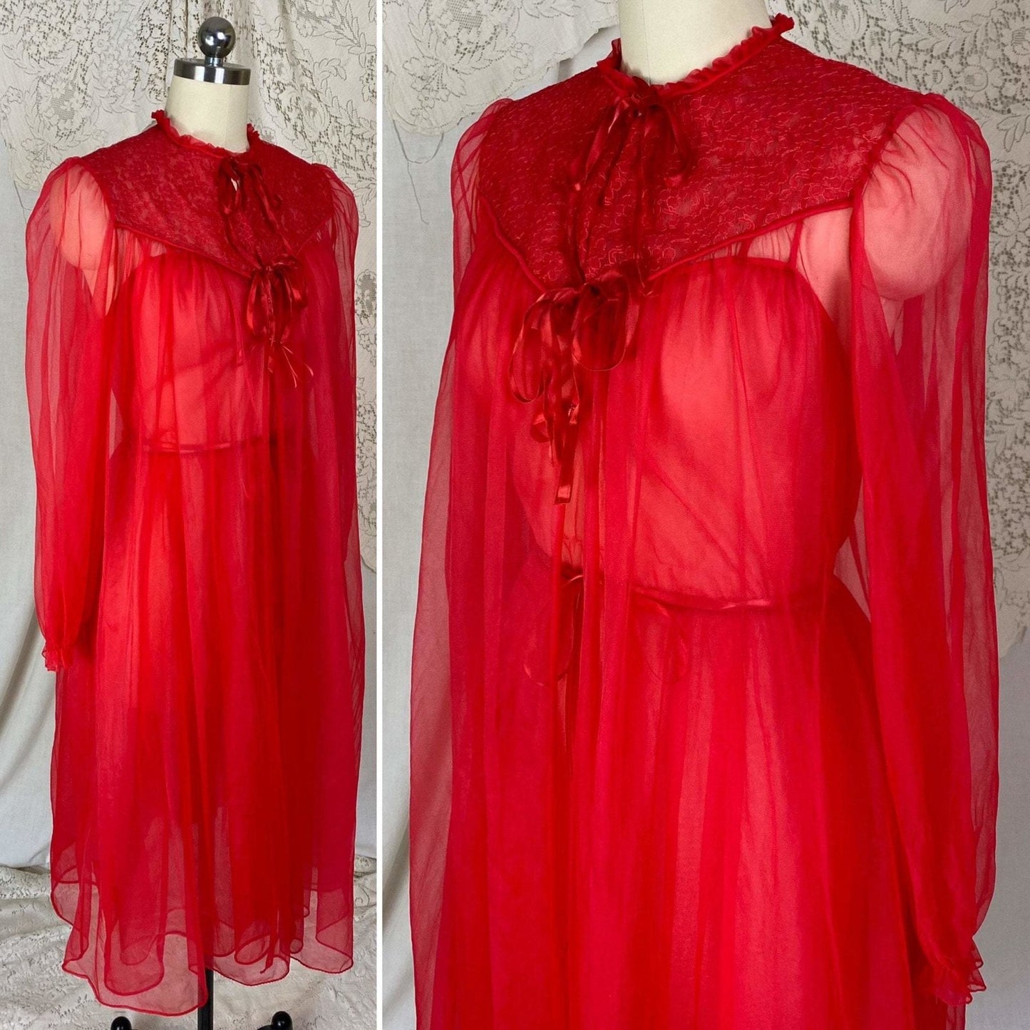 Vintage 1960's Nightgown & Peignoir Set | Rose Red Nylon Chiffon with Lace | Size S, M | Gilead - Daggers & Dames