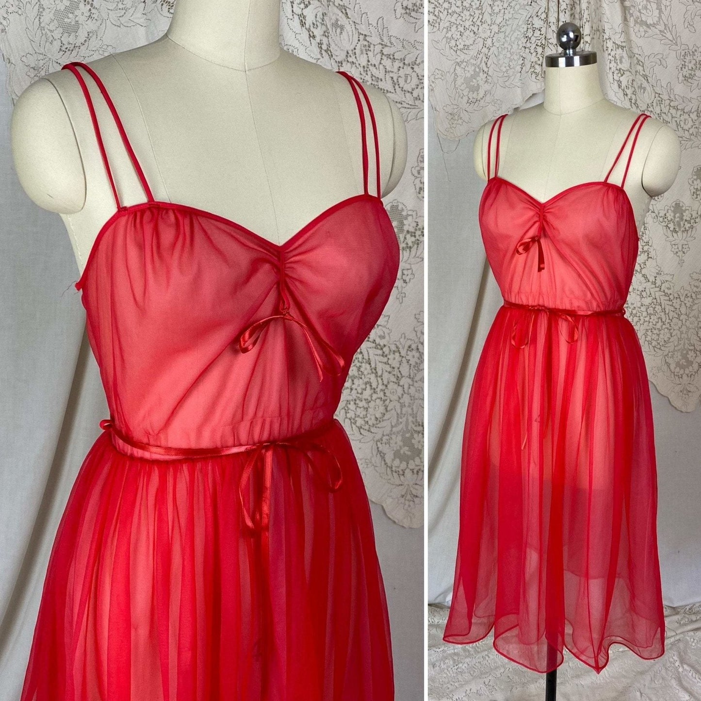 Vintage 1960's Nightgown & Peignoir Set | Rose Red Nylon Chiffon with Lace | Size S, M | Gilead - Daggers & Dames