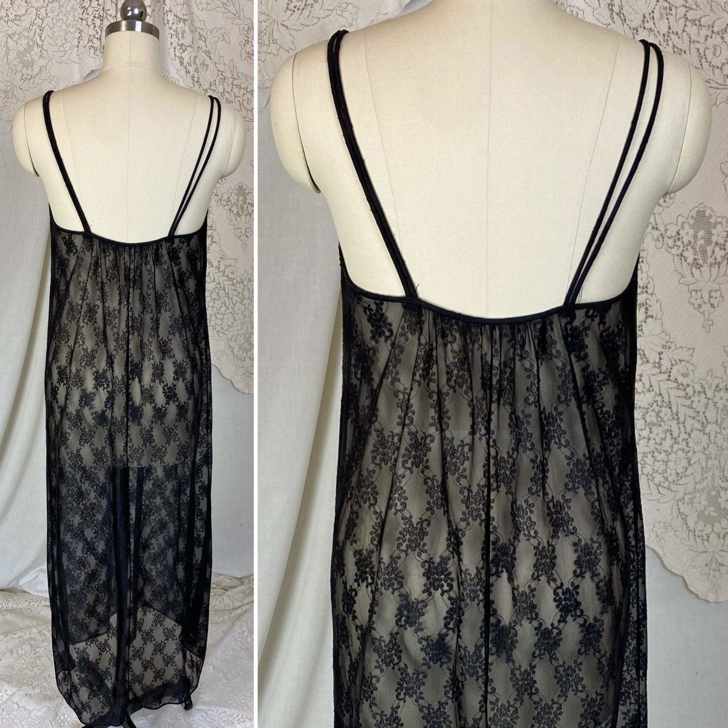 Vintage 1960's Nightgown & Peignoir Set | Sheer Black Floral Lace Chiffon with Ruffles | Size XS, S | Ilise Stevens - Daggers & Dames
