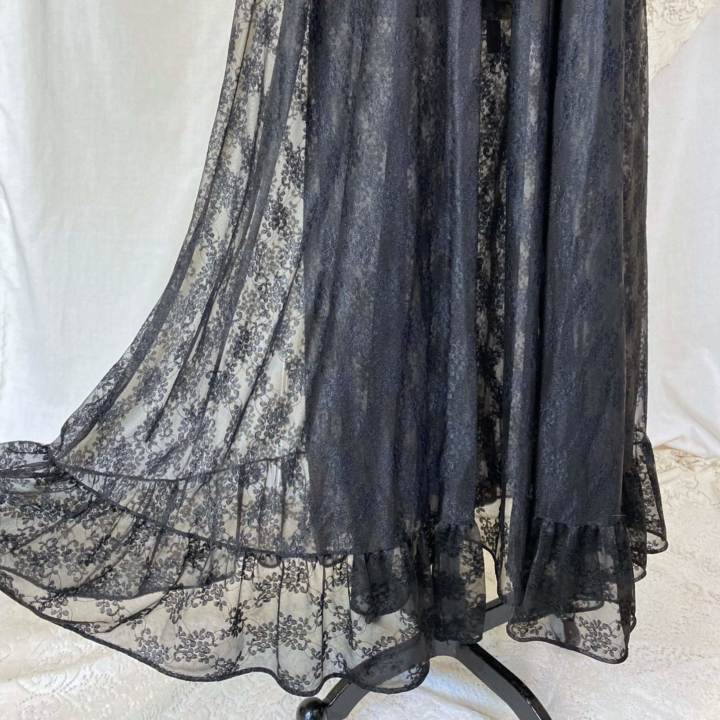 Vintage 1960's Nightgown & Peignoir Set | Sheer Black Floral Lace Chiffon with Ruffles | Size XS, S | Ilise Stevens - Daggers & Dames