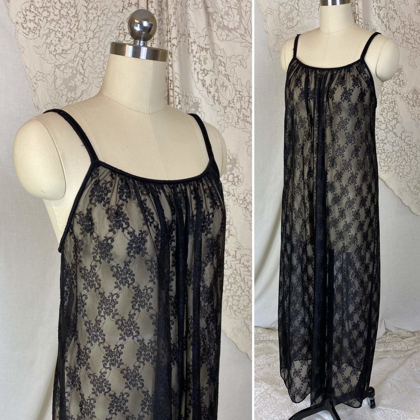 Vintage 1960's Nightgown & Peignoir Set | Sheer Black Floral Lace Chiffon with Ruffles | Size XS, S | Ilise Stevens - Daggers & Dames