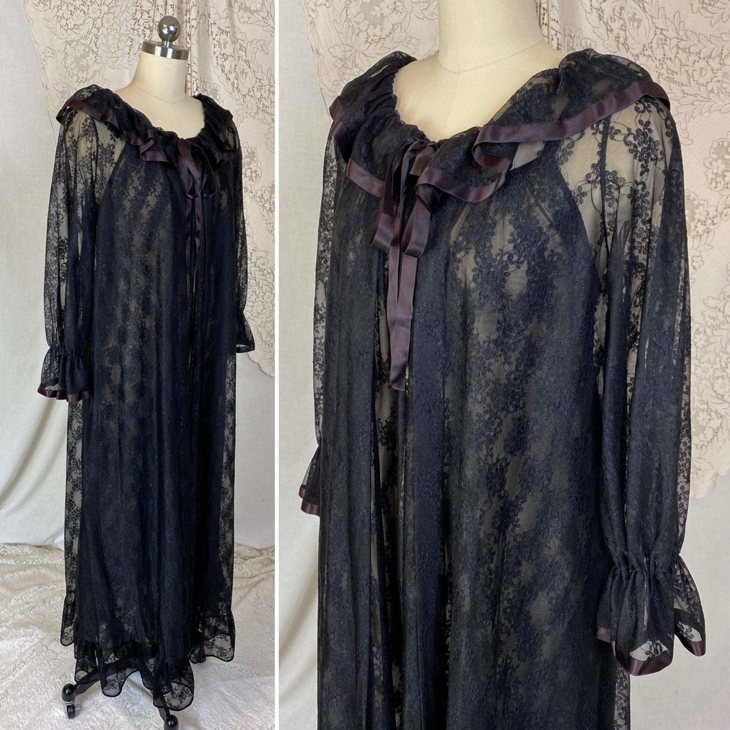 Vintage 1960's Nightgown & Peignoir Set | Sheer Black Floral Lace Chiffon with Ruffles | Size XS, S | Ilise Stevens - Daggers & Dames
