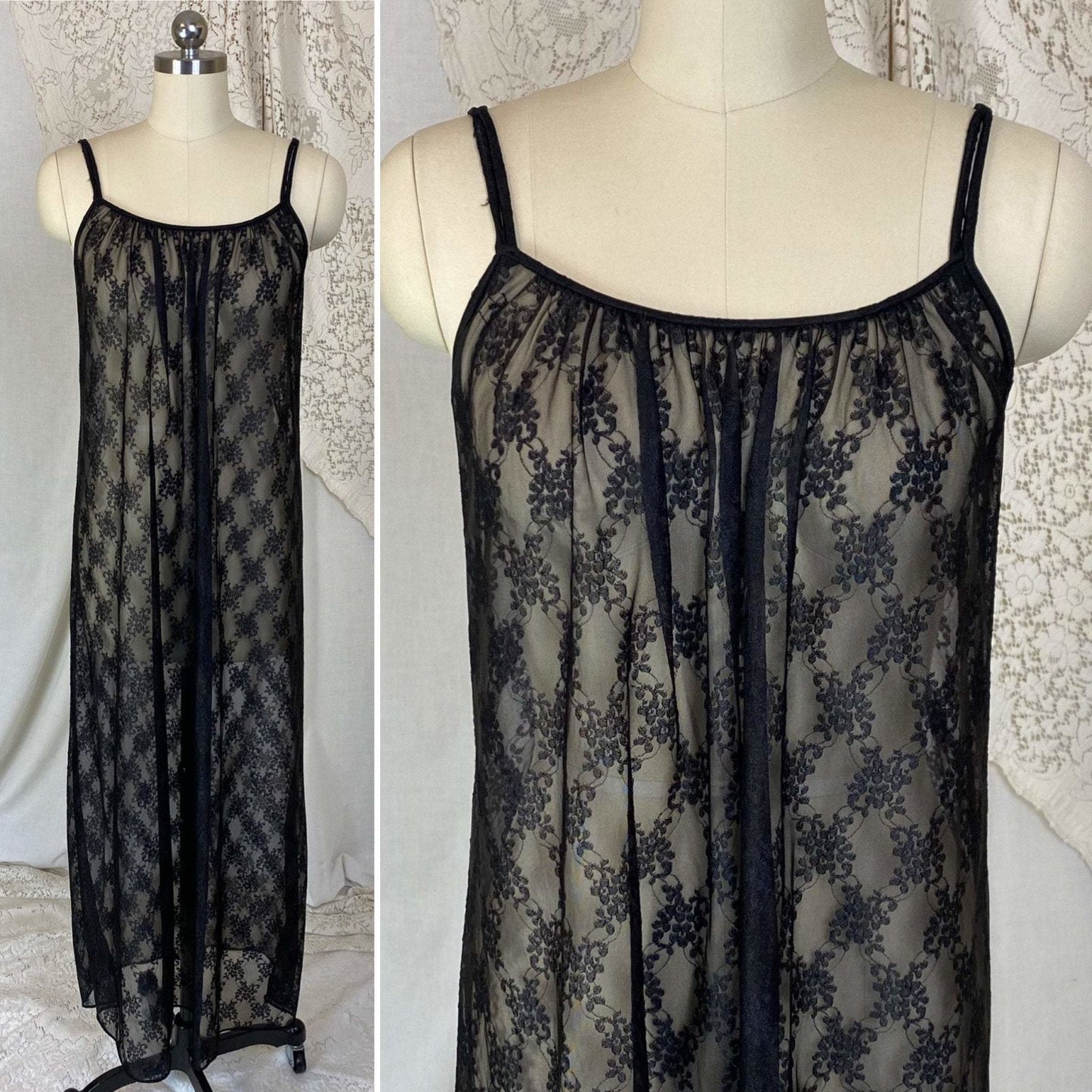 Vintage 1960's Nightgown & Peignoir Set | Sheer Black Floral Lace Chiffon with Ruffles | Size XS, S | Ilise Stevens - Daggers & Dames