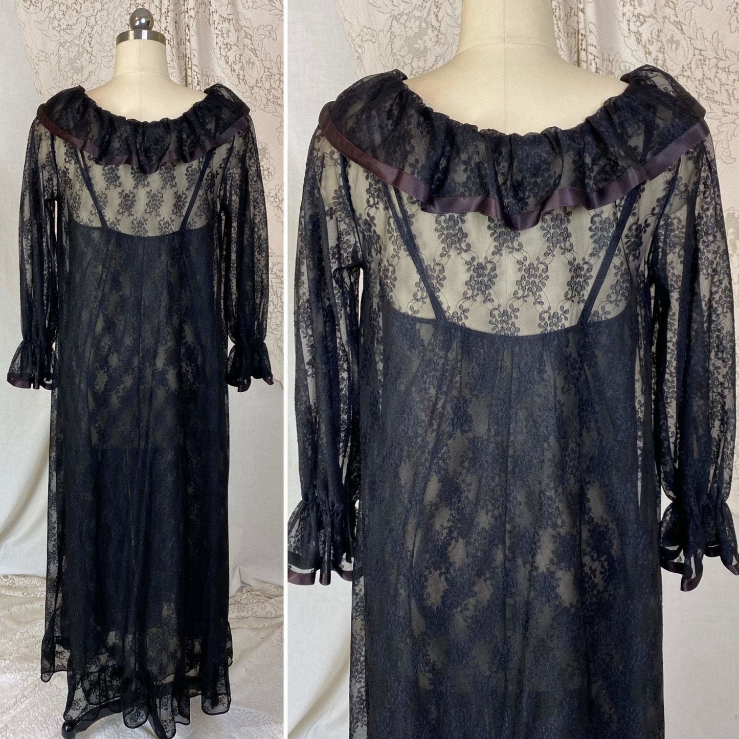 Vintage 1960's Nightgown & Peignoir Set | Sheer Black Floral Lace Chiffon with Ruffles | Size XS, S | Ilise Stevens - Daggers & Dames