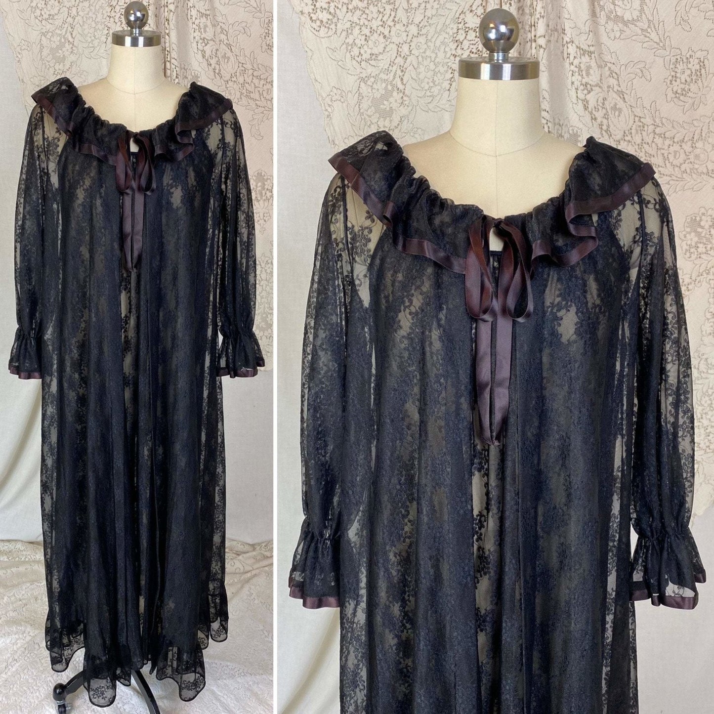 Vintage 1960's Nightgown & Peignoir Set | Sheer Black Floral Lace Chiffon with Ruffles | Size XS, S | Ilise Stevens - Daggers & Dames