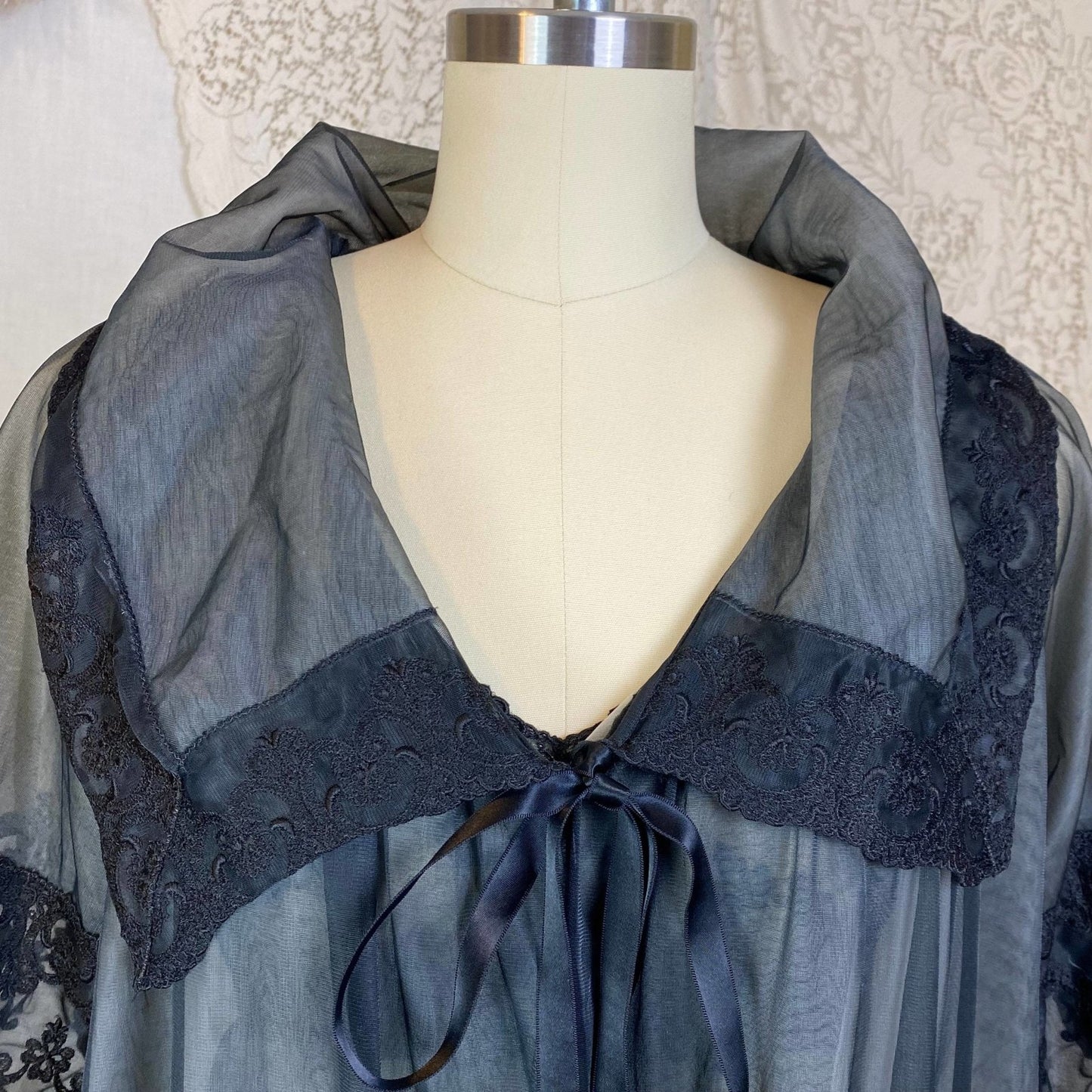 Vintage 1960's Nightgown & Peignoir Set | Sheer Black Nylon Chiffon over Nude with Embroidered Lace | Size XS, S | Gotham - Daggers & Dames
