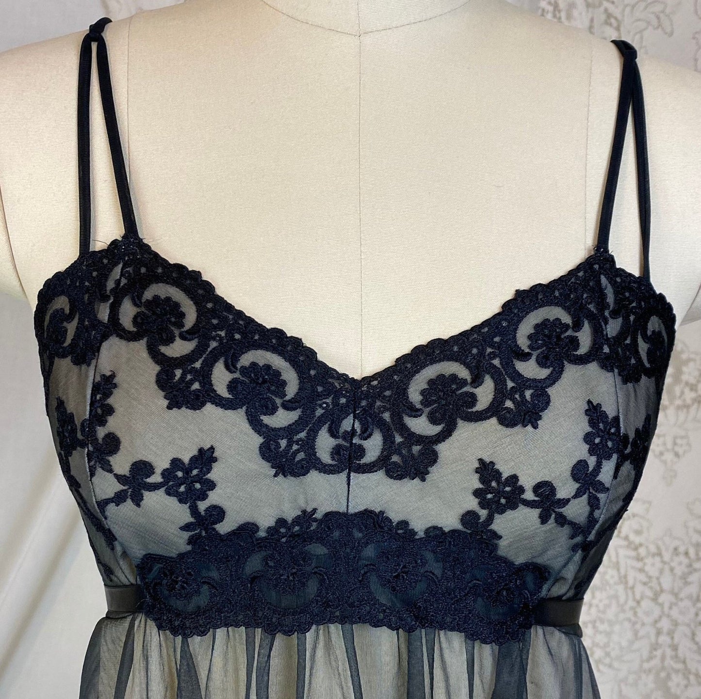 Vintage 1960's Nightgown & Peignoir Set | Sheer Black Nylon Chiffon over Nude with Embroidered Lace | Size XS, S | Gotham - Daggers & Dames