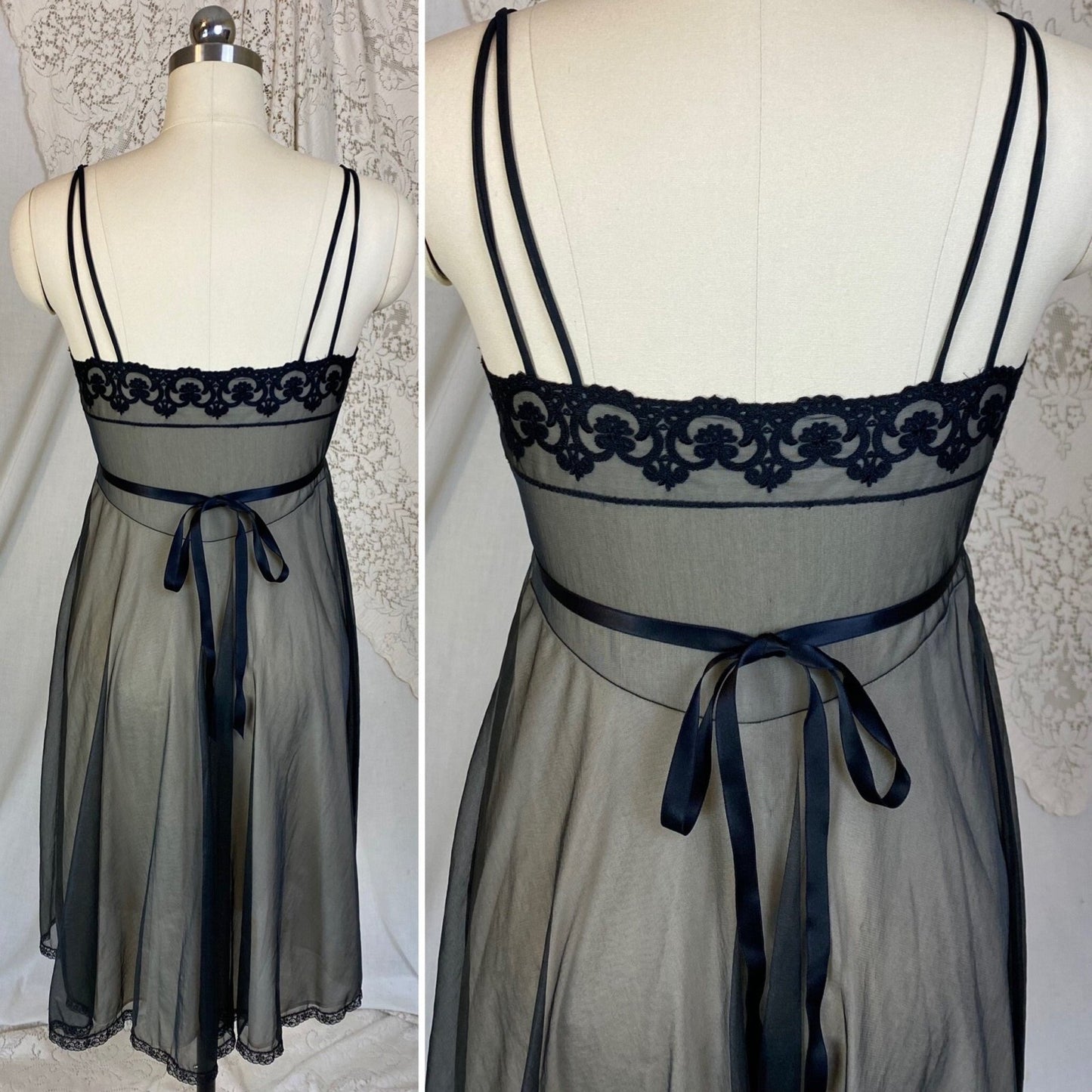 Vintage 1960's Nightgown & Peignoir Set | Sheer Black Nylon Chiffon over Nude with Embroidered Lace | Size XS, S | Gotham - Daggers & Dames