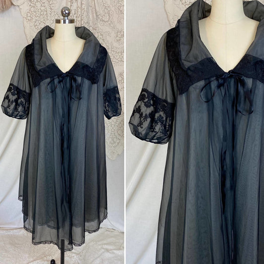 Vintage 1960's Nightgown & Peignoir Set | Sheer Black Nylon Chiffon over Nude with Embroidered Lace | Size XS, S | Gotham - Daggers & Dames
