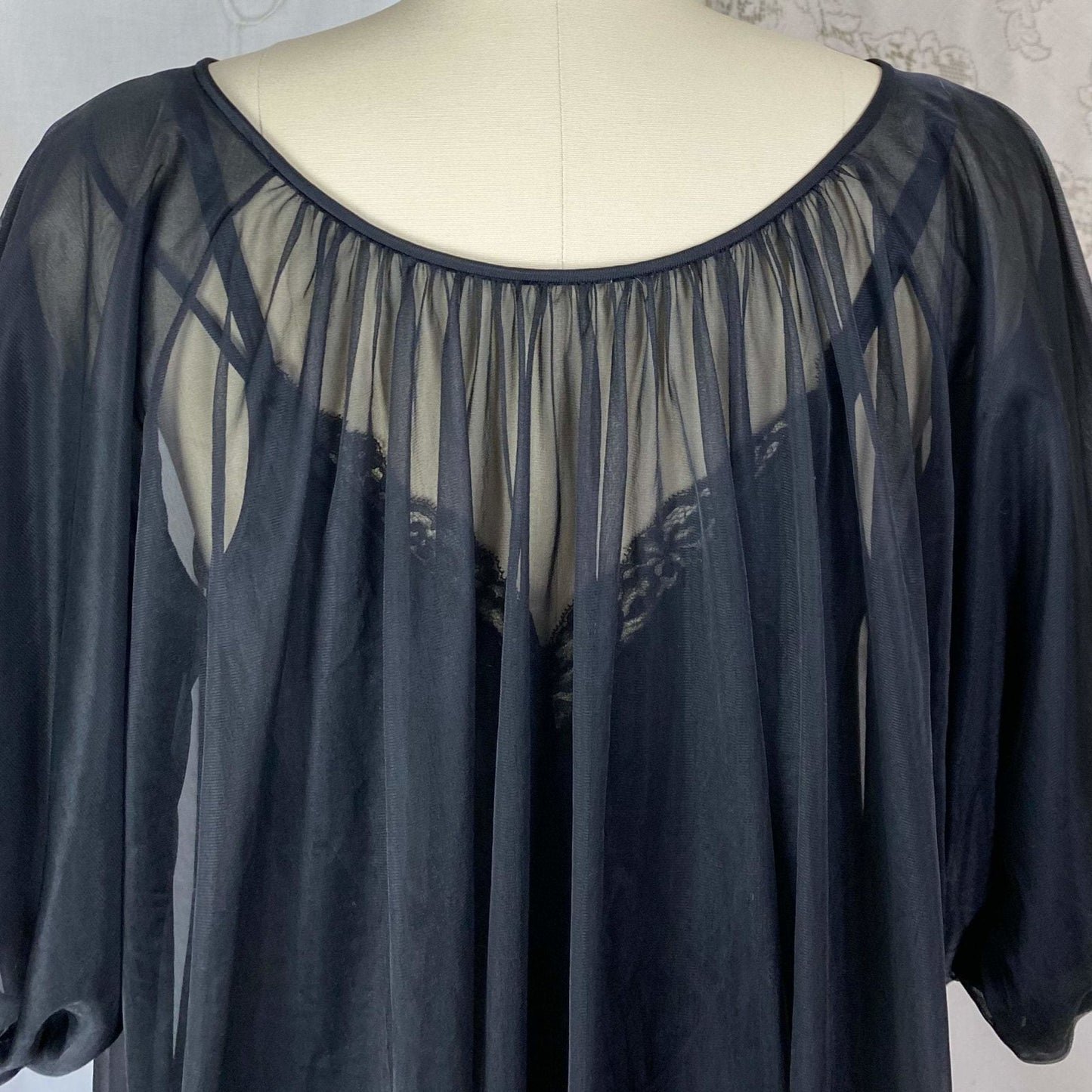 Vintage 1960's Nightgown & Peignoir Set | Sheer Black Nylon Chiffon with Lace | Size M, LG | Shadowline - Daggers & Dames