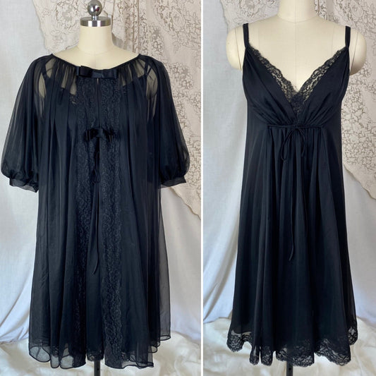 Vintage 1960's Nightgown & Peignoir Set | Sheer Black Nylon Chiffon with Lace | Size M, LG | Shadowline - Daggers & Dames