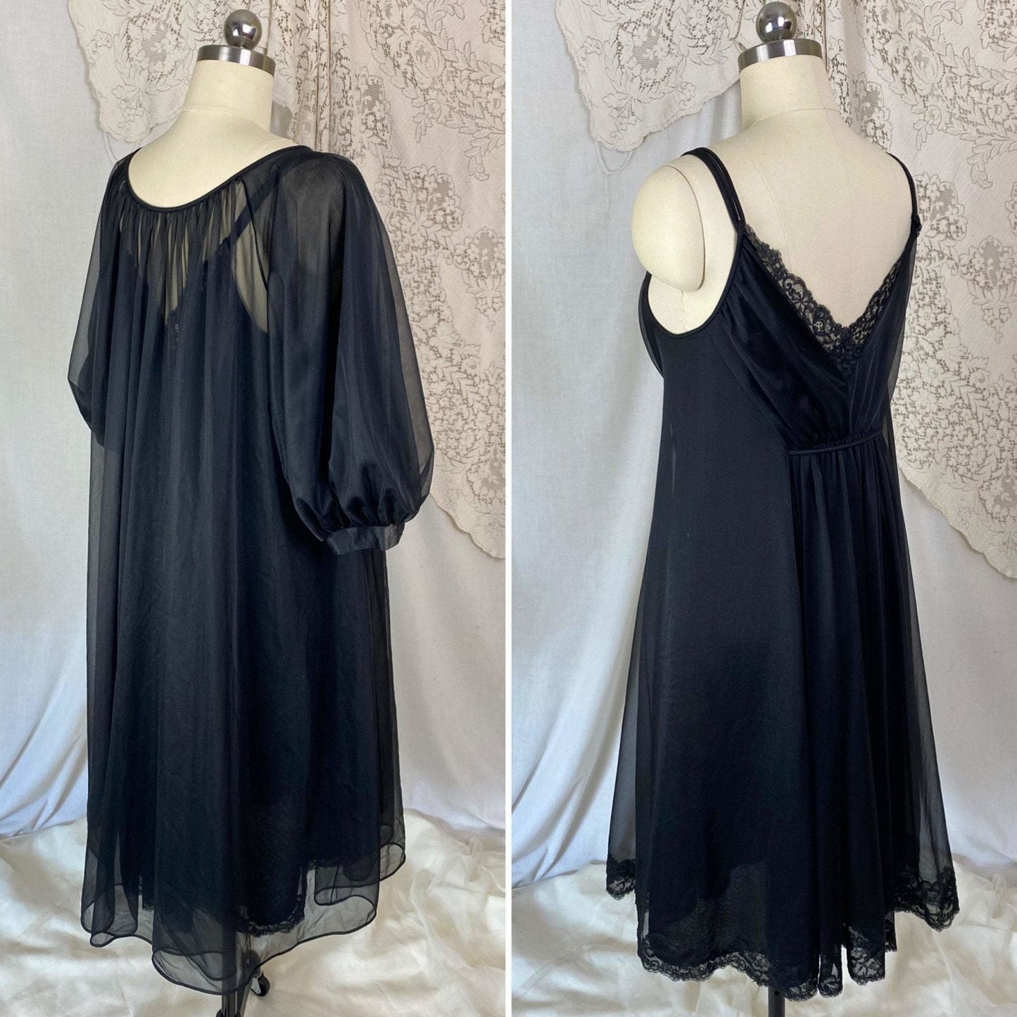 Vintage 1960's Nightgown & Peignoir Set | Sheer Black Nylon Chiffon with Lace | Size M, LG | Shadowline - Daggers & Dames
